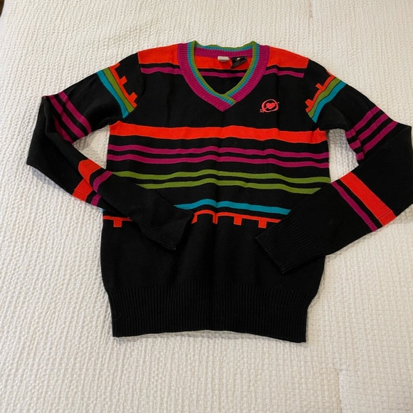 Obermeyer Sweaters - Obermeyer women’s wool blend black orange pink striped pullover sweater small